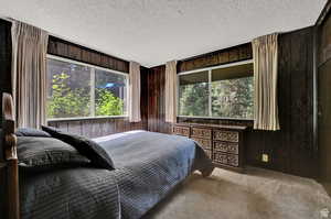 Carpeted bedroom featuring a textured ceiling, wooden walls, and multiple windows