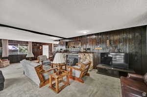 Living room with a textured ceiling, wood walls, a wood stove, a stone fireplace, and light colored carpet