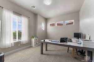 Bedroom/Office area featuring light carpet