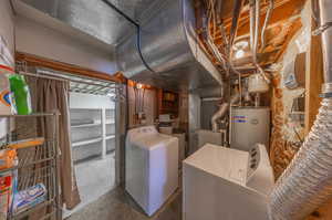 Utility room with gas water heater and washer and clothes dryer