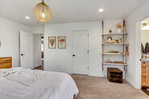 Carpeted bedroom with connected bathroom