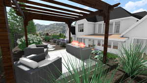 Wooden terrace featuring a mountain view, a pergola, and an outdoor living space with a fire pit