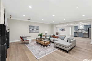 Living room with light wood-type flooring, ornamental molding, and sink