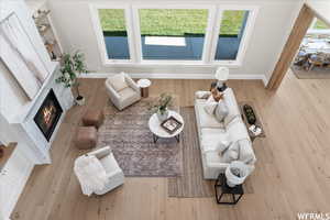 Living room featuring a premium fireplace, a healthy amount of sunlight, and light wood-type flooring