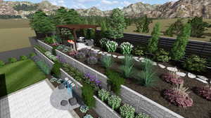 View of yard with a mountain view, a pergola, and a patio area