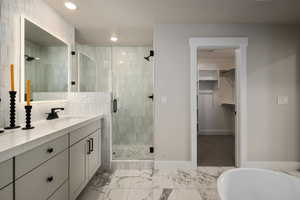 Bathroom featuring separate shower and tub and vanity