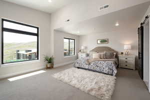 Bedroom featuring a barn door and carpet