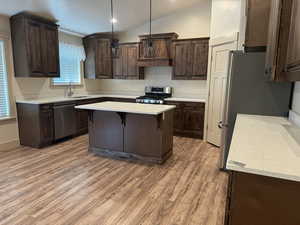 Kitchen with pendant lighting, lofted ceiling, sink, stainless steel appliances, and light hardwood / wood-style floors