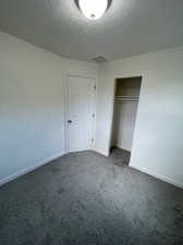 Unfurnished bedroom with carpet flooring, a textured ceiling, and a closet