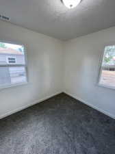 Carpeted spare room with a textured ceiling