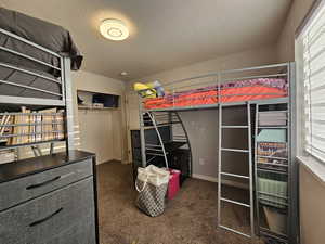 Carpeted bedroom featuring a textured ceiling