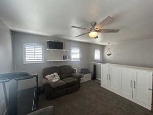 Carpeted living room with ceiling fan, a healthy amount of sunlight, and a textured ceiling