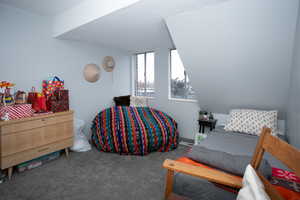 Bedroom featuring a textured ceiling and carpet flooring