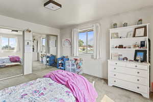 Bedroom featuring multiple windows and light colored carpet