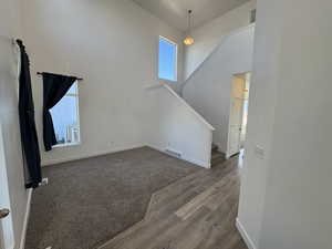 Unfurnished living room with a healthy amount of sunlight and a high ceiling