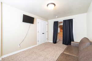 Unfurnished room with carpet and a textured ceiling