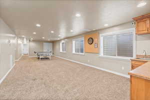 Interior space with a textured ceiling, sink, and carpet floors