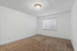 Carpeted spare room featuring a textured ceiling