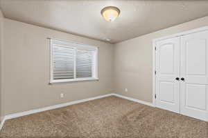 Unfurnished bedroom featuring carpet, a textured ceiling, and a closet