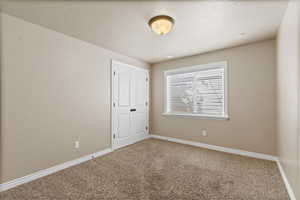 Empty room with a textured ceiling and carpet floors