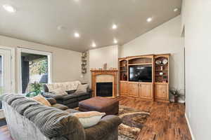 Living room with lofted ceiling and dark hardwood / wood-style flooring