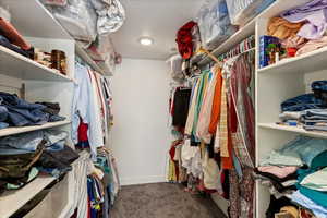 Primary bedroom walk in closet with carpet