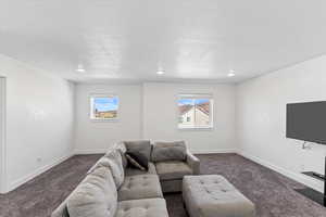 Family room featuring carpet flooring and a textured ceiling