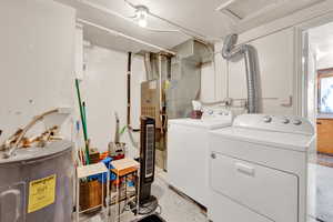 Laundry room with washer and clothes dryer and electric water heater