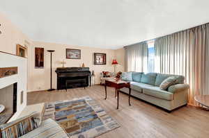 Living room featuring light hardwood / wood-style floors and a fireplace