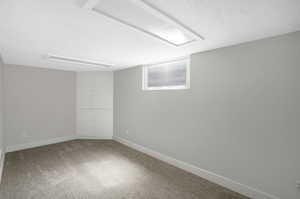 Basement featuring a textured ceiling and carpet