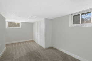 Basement with a textured ceiling and carpet floors