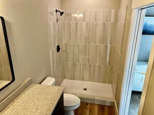 Bathroom featuring vanity, a tile shower, and toilet
