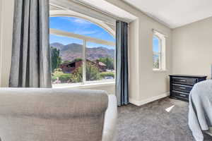 Carpeted bedroom featuring a mountain view