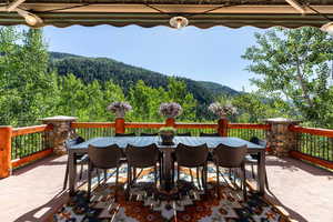 View of patio / terrace featuring a mountain view and a gazebo