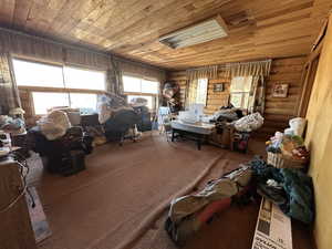 Misc room featuring carpet flooring, rustic walls, and wood ceiling