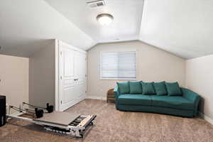 Interior space featuring lofted ceiling, carpet flooring, and a textured ceiling