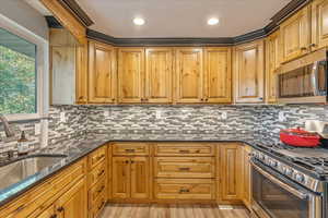 Kitchen featuring light wood-type flooring, dark stone counters, stainless steel appliances, sink, and decorative backsplash