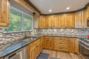 Kitchen featuring dark stone countertops, stainless steel appliances, sink, decorative backsplash, and light hardwood / wood-style floors