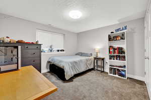 Bedroom with carpet and a textured ceiling