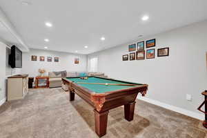 Recreation room featuring billiards and carpet flooring