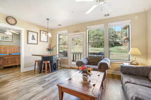 Living room featuring light wood-type flooring, a healthy amount of sunlight, and ceiling fan