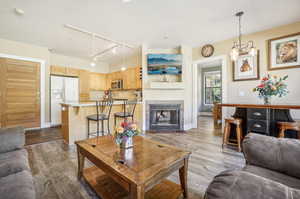 Living room with rail lighting, a tiled fireplace, and hardwood / wood-style floors