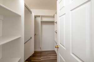 Primary bedroom Spacious closet featuring dark hardwood / wood-style floors