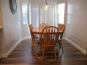 Dining room with dark hardwood / wood-style flooring and plenty of natural light