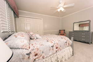 Bedroom with crown molding, a closet, ceiling fan, and carpet flooring