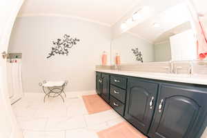 Main bathroom featuring lofted ceiling, vanity, and crown molding