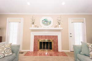 Living room featuring ornamental molding, carpet floors, and a fireplace