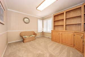 Den/Office with light colored carpet and ornamental molding