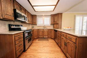 Kitchen featuring a wealth of natural light, stainless steel appliances, sink, and light hardwood / wood-style floors