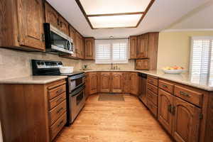 Kitchen with crown molding, tasteful backsplash, light hardwood / wood-style flooring, stainless steel appliances, and sink